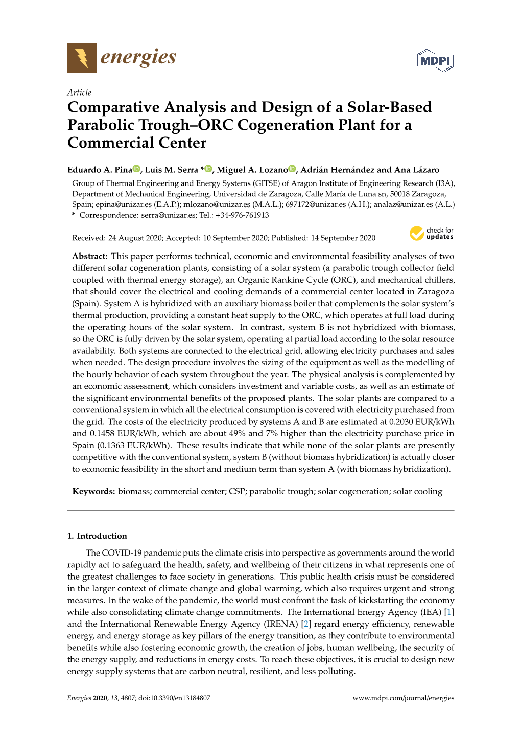 Comparative Analysis and Design of a Solar-Based Parabolic Trough–ORC Cogeneration Plant for a Commercial Center