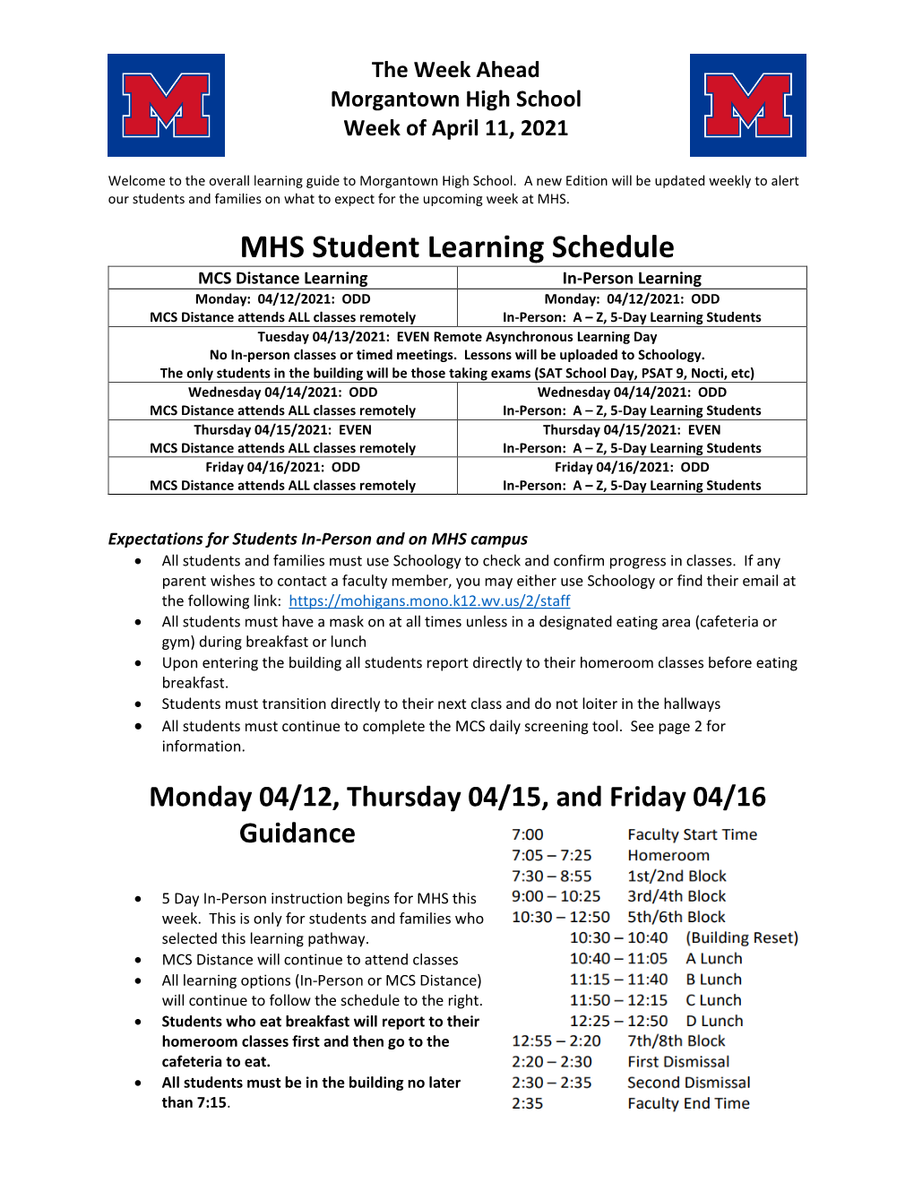 MHS Student Learning Schedule