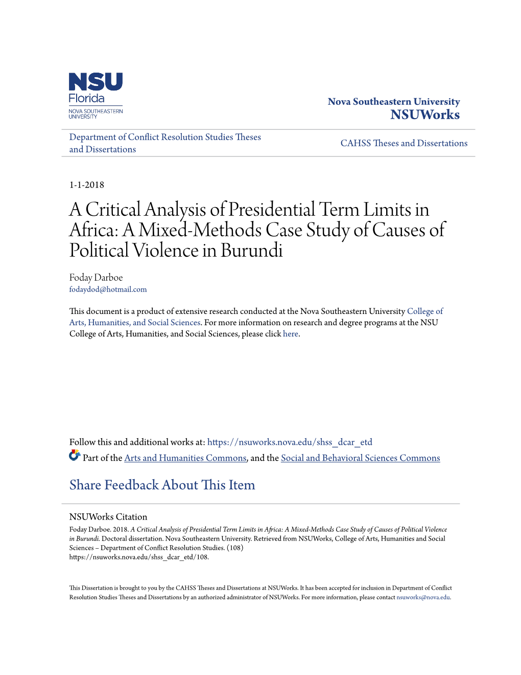 A Critical Analysis of Presidential Term Limits in Africa: a Mixed-Methods Case Study of Causes of Political Violence in Burundi Foday Darboe Fodaydod@Hotmail.Com