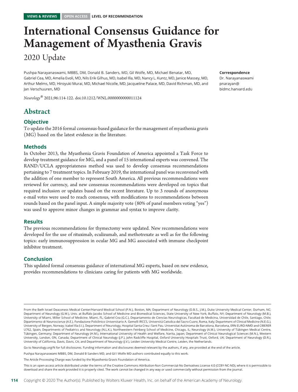 International Consensus Guidance for Management of Myasthenia Gravis 2020 Update