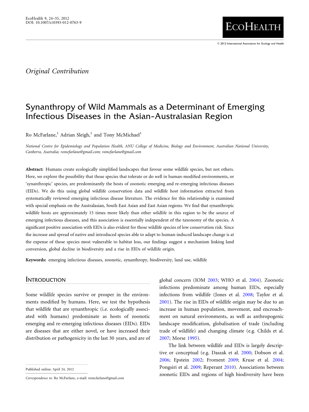 Synanthropy of Wild Mammals As a Determinant of Emerging Infectious Diseases in the Asian–Australasian Region