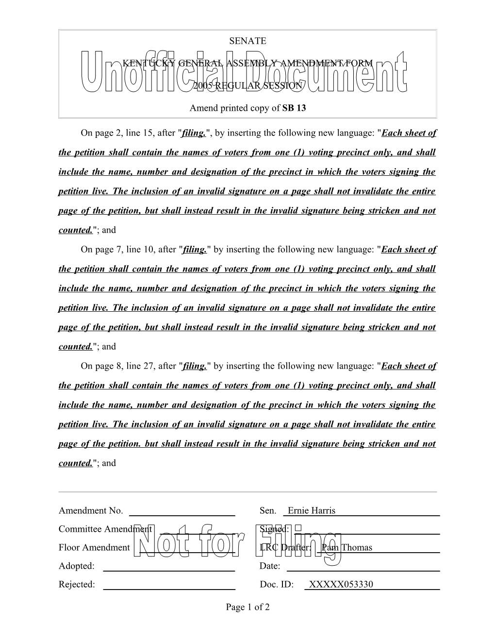 Kentucky General Assembly Amendment Form s6