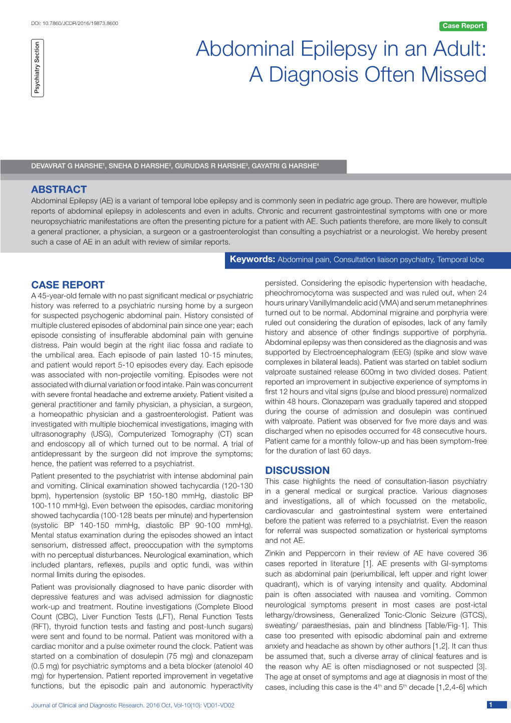 Abdominal Epilepsy in an Adult: a Diagnosis Often Missed Psychiatry Section