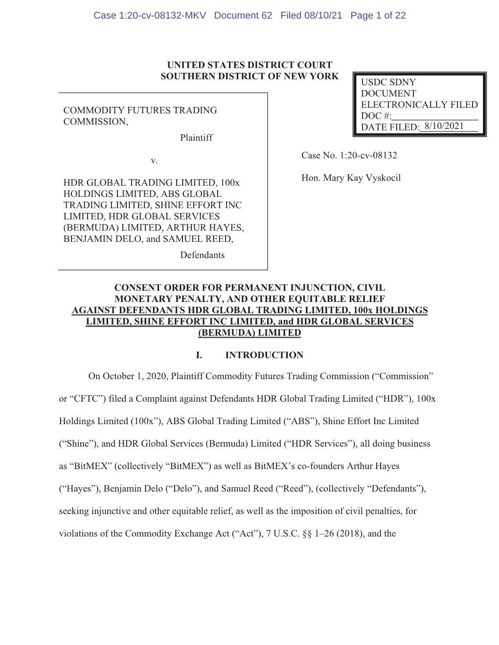 Consent Order: HDR Global Trading Limited, Et Al