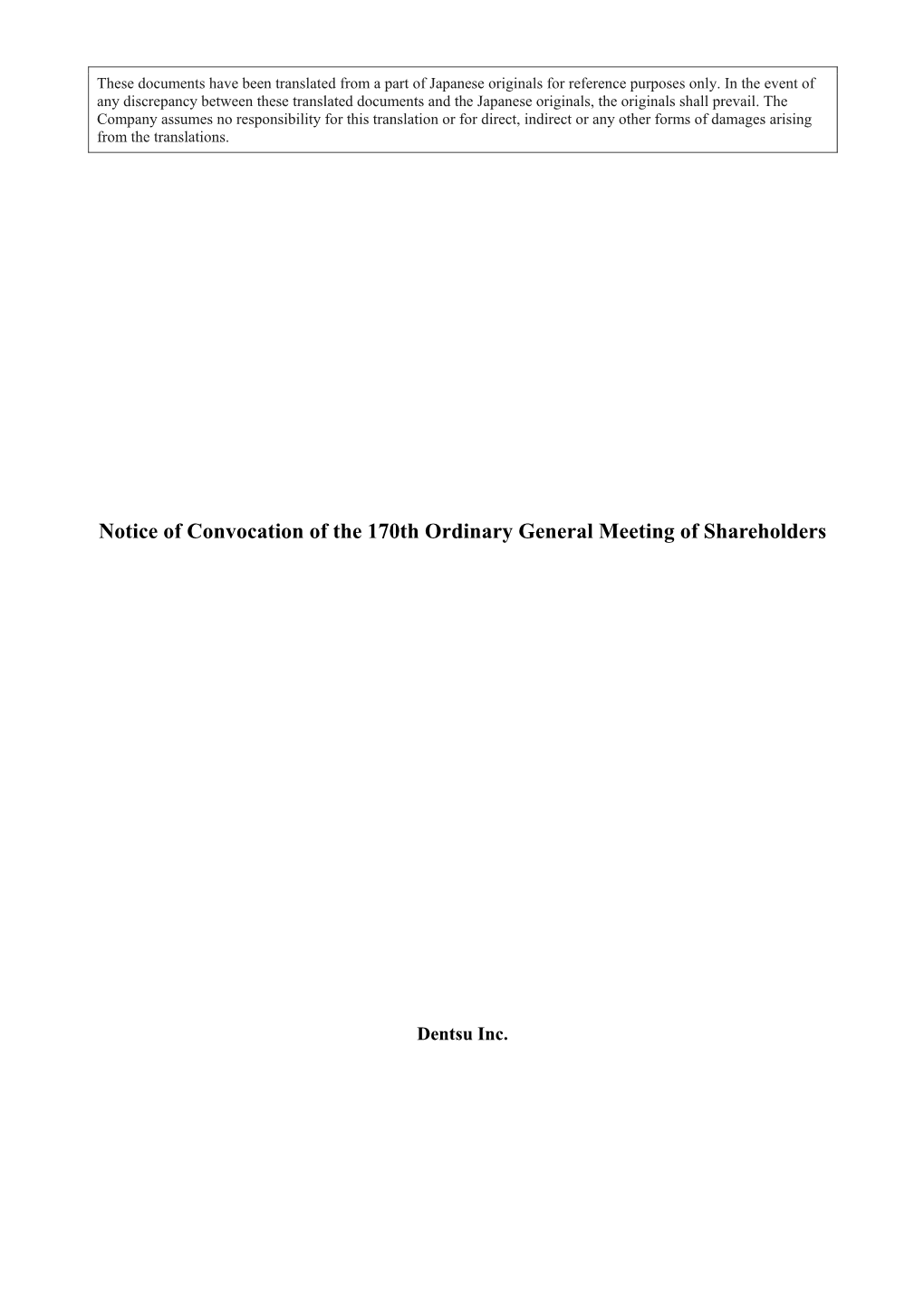 Notice of Convocation of the 170Th Ordinary General Meeting of Shareholders