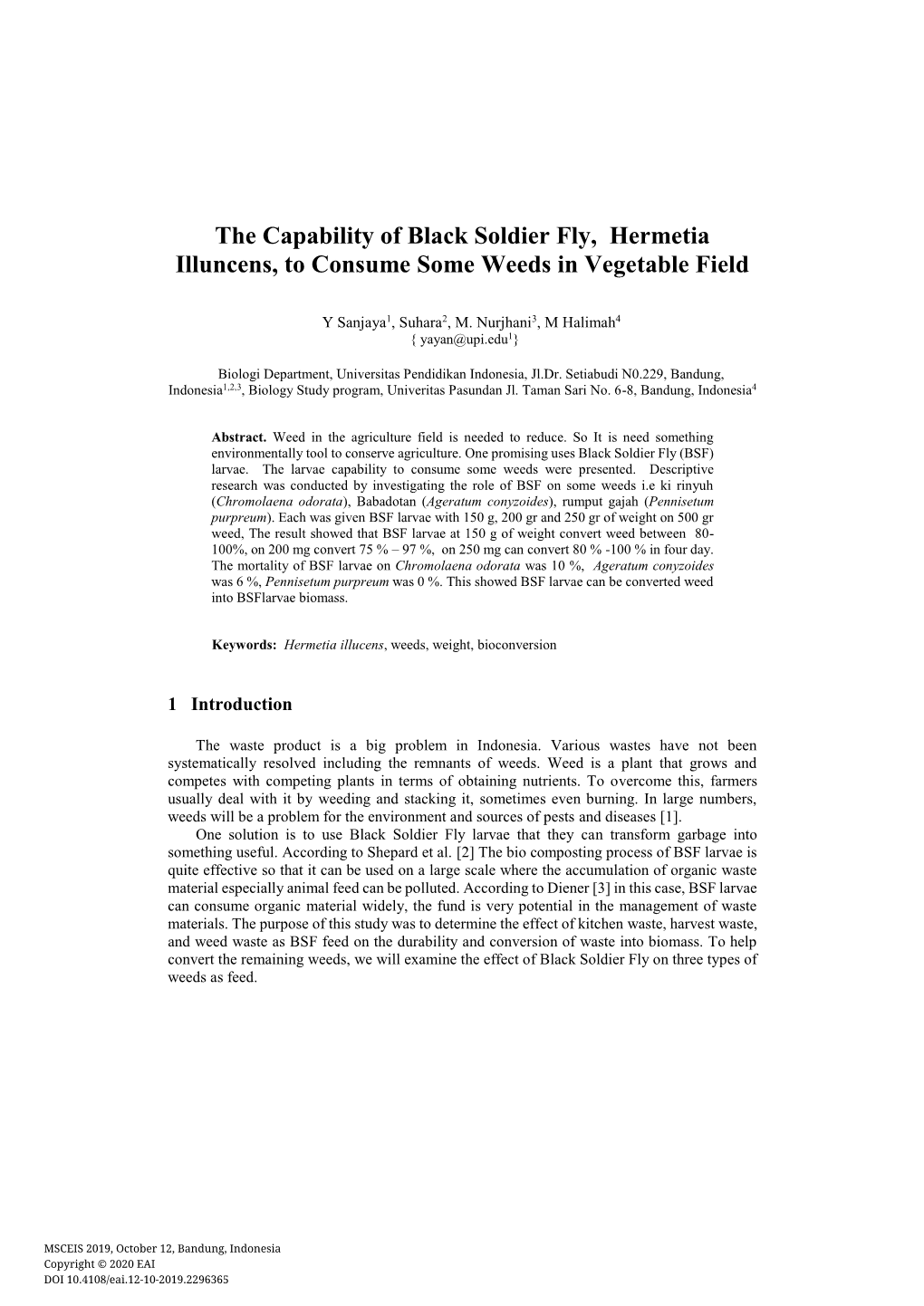 The Capability of Black Soldier Fly, Hermetia Illuncens, to Consume Some Weeds in Vegetable Field