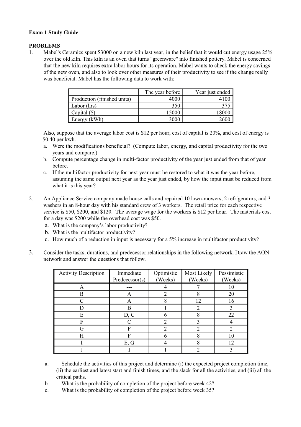 Review Problems for Exam 1 s1