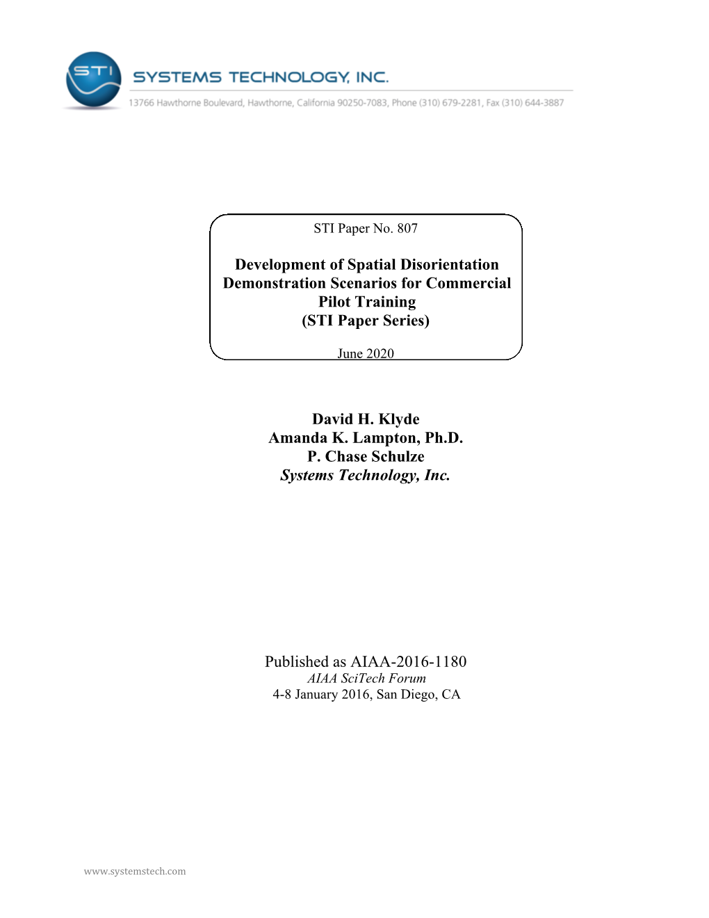 Development of Spatial Disorientation Demonstration Scenarios for Commercial Pilot Training (STI Paper Series)