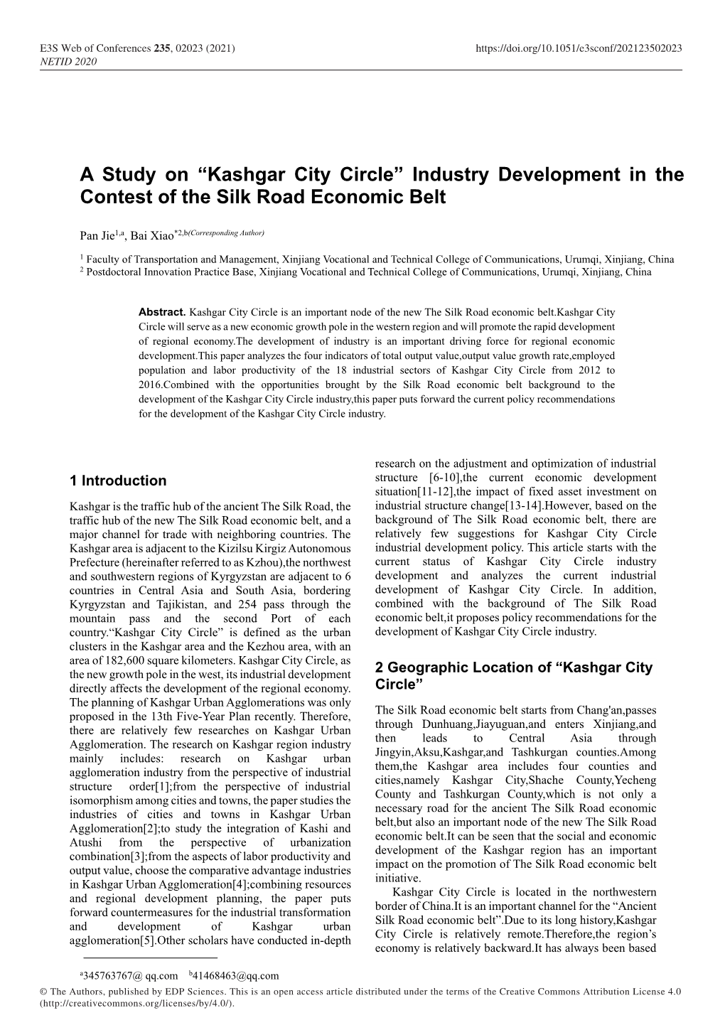 “Kashgar City Circle” Industry Development in the Contest of the Silk Road Economic Belt