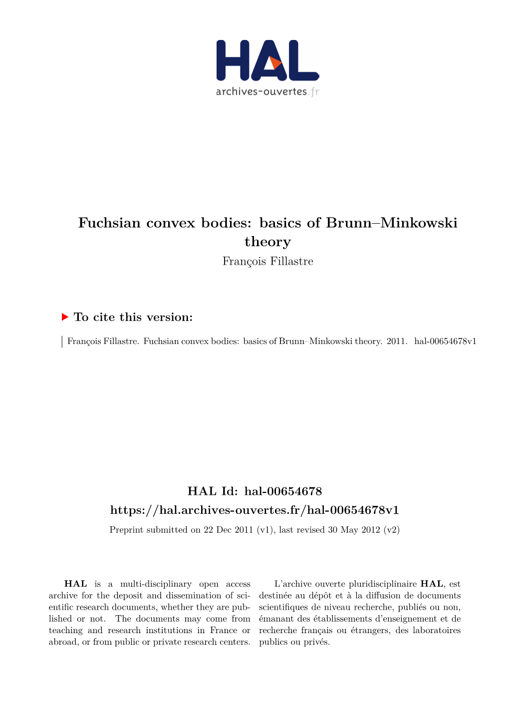 Fuchsian Convex Bodies: Basics of Brunn–Minkowski Theory François Fillastre