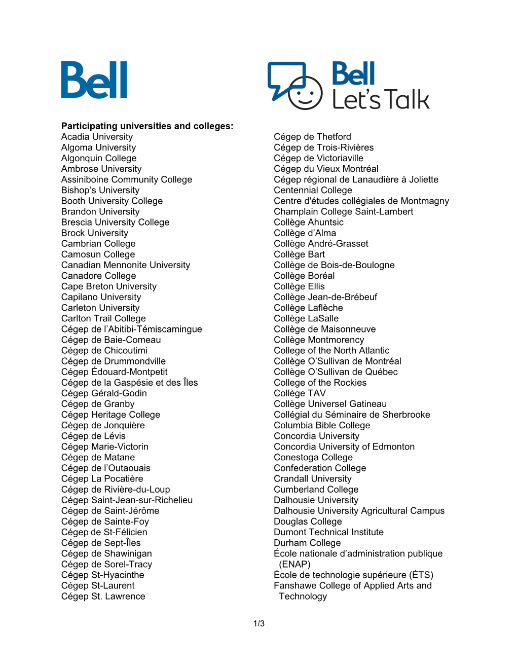 Participating Universities and Colleges: Acadia University Algoma University Algonquin College Ambrose University Assiniboine C