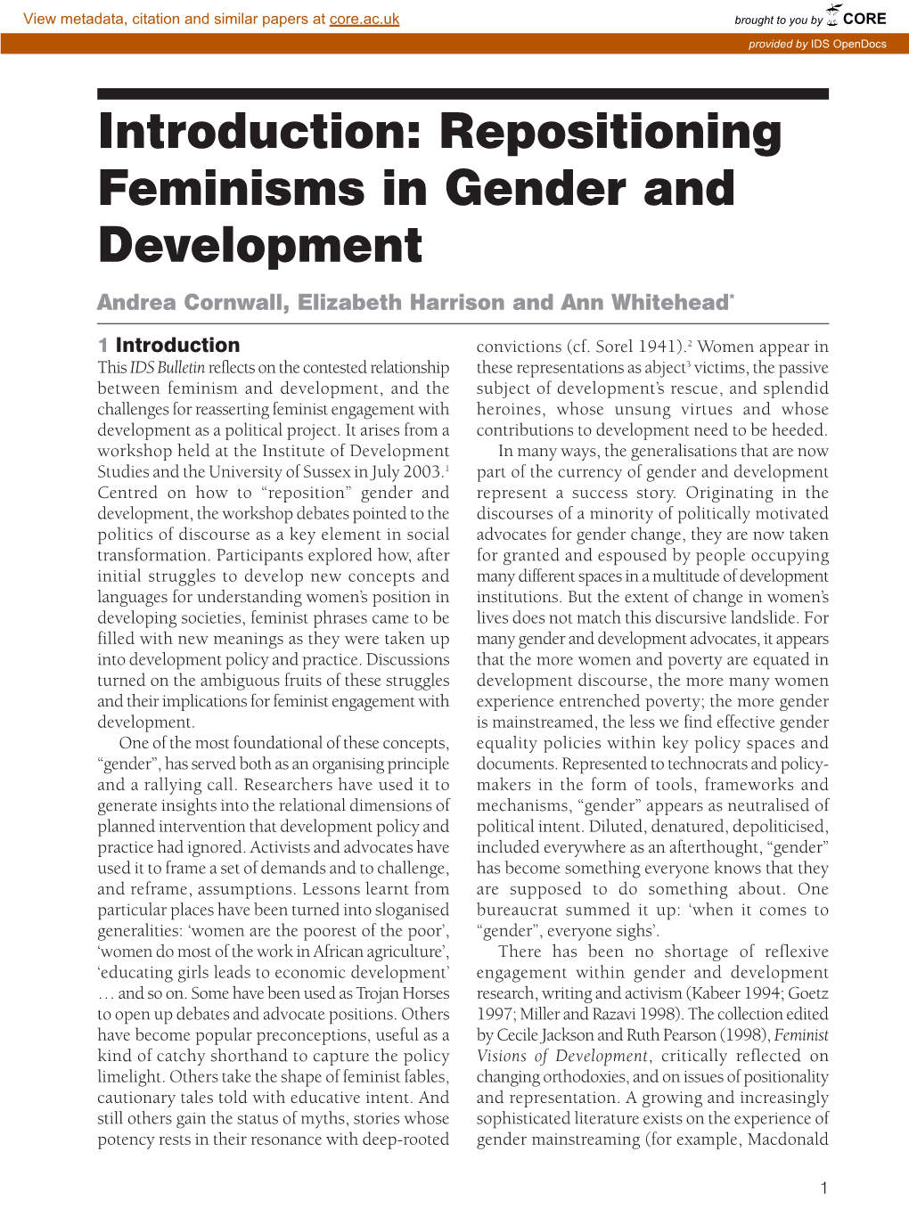 Repositioning Feminisms in Gender and Development