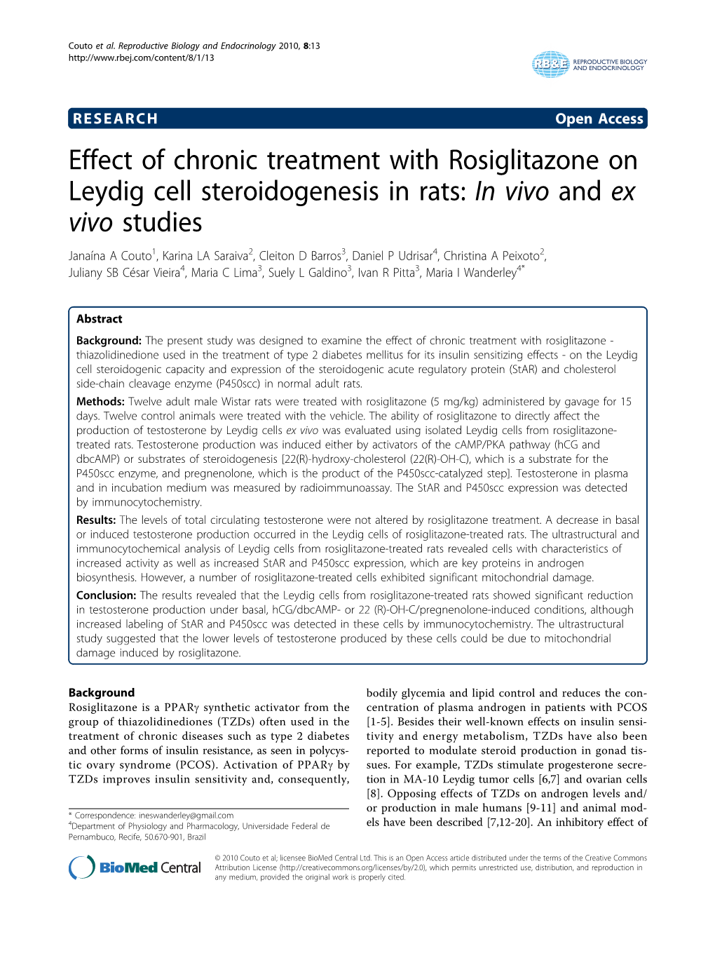 Effect of Chronic Treatment with Rosiglitazone on Leydig Cell Steroidogenesis in Rats