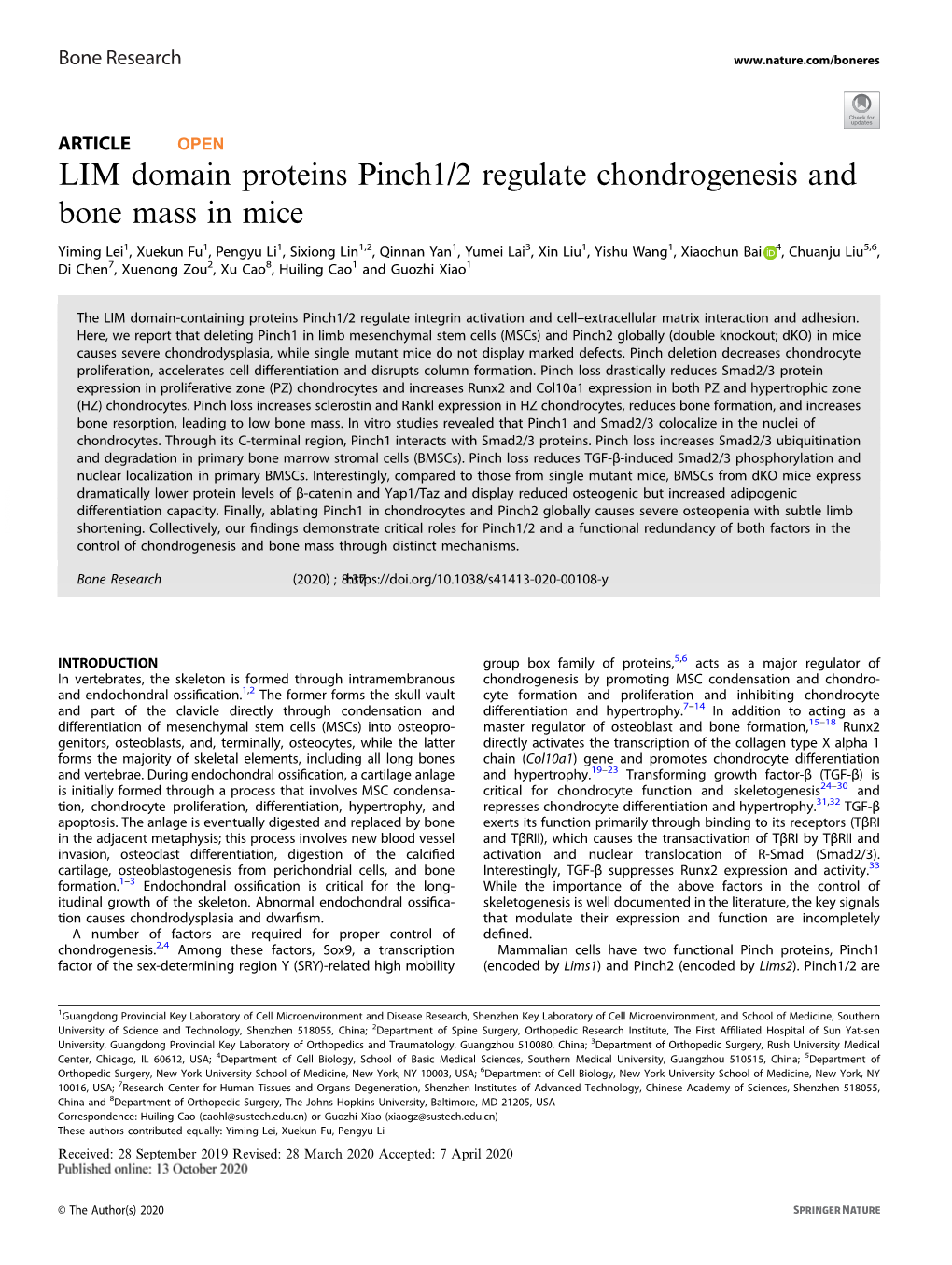 LIM Domain Proteins Pinch1/2 Regulate Chondrogenesis and Bone Mass in Mice