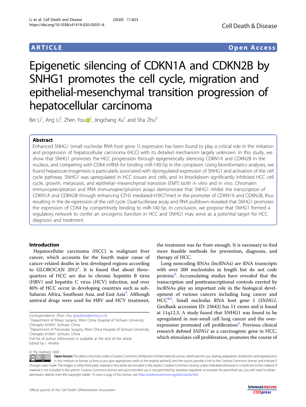 Epigenetic Silencing of CDKN1A and CDKN2B by SNHG1 Promotes The