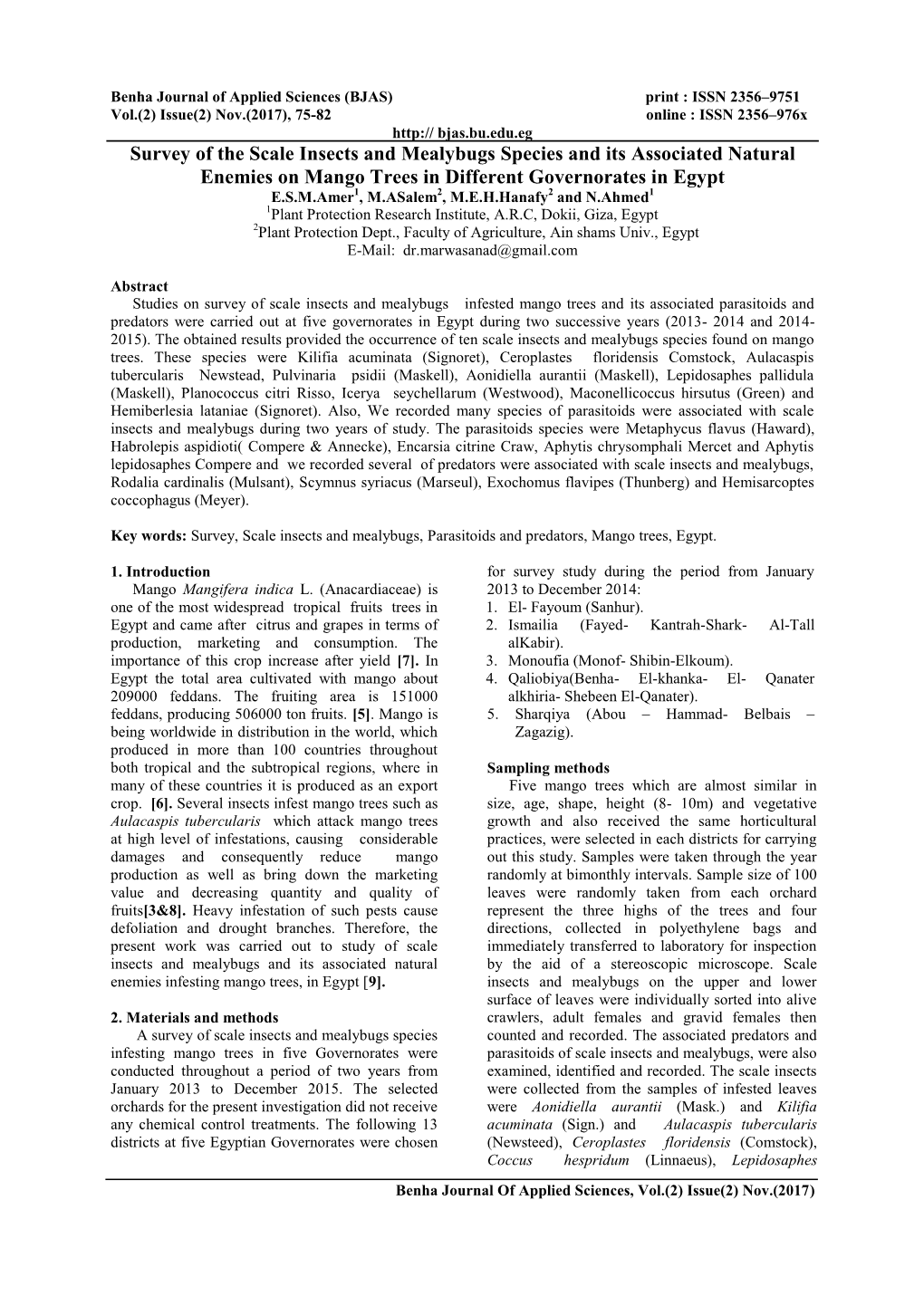 Survey of the Scale Insects and Mealybugs Species and Its Associated Natural Enemies on Mango Trees in Different Governorates In