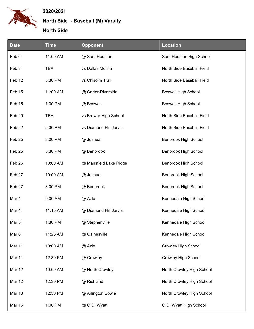 North Side - Baseball (M) Varsity North Side