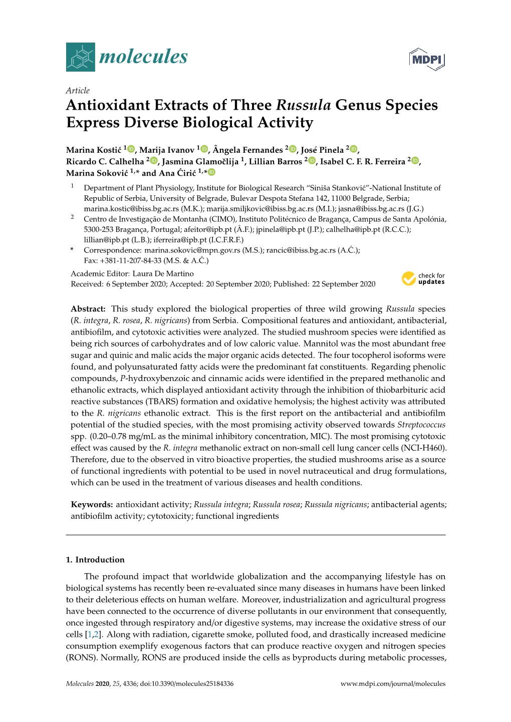 Antioxidant Extracts of Three Russula Genus Species Express Diverse Biological Activity