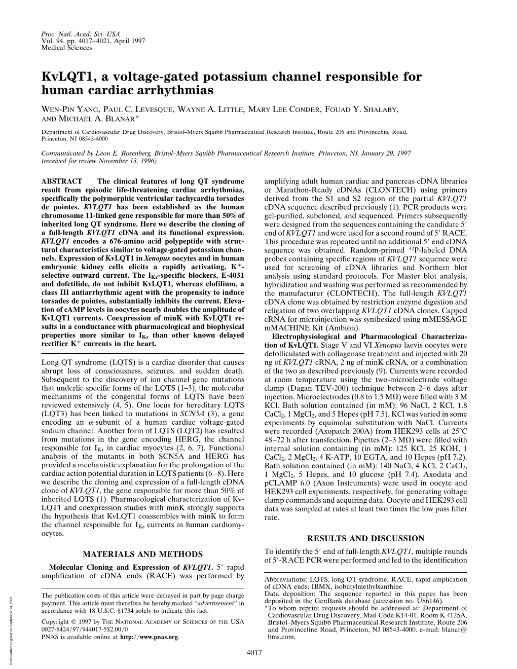 Kvlqt1, a Voltage-Gated Potassium Channel Responsible for Human Cardiac Arrhythmias