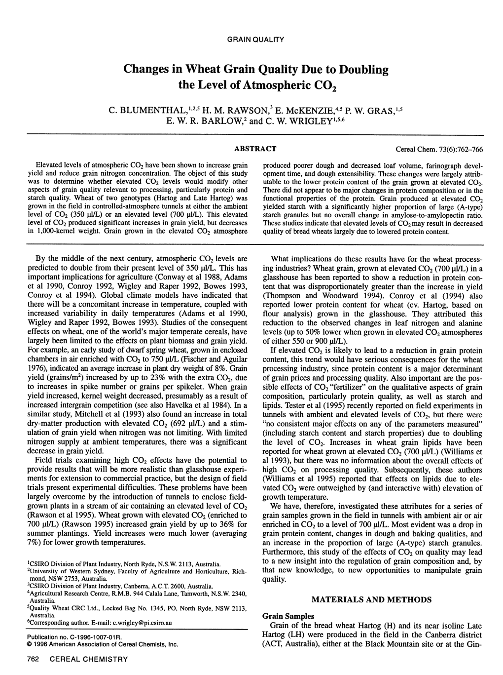 Changes in Wheat Grain Quality Due to Doubling the Level of Atmospheric CO2