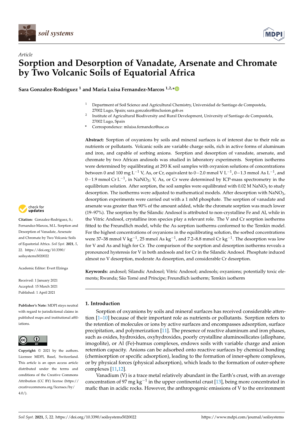 Sorption and Desorption of Vanadate, Arsenate and Chromate by Two Volcanic Soils of Equatorial Africa