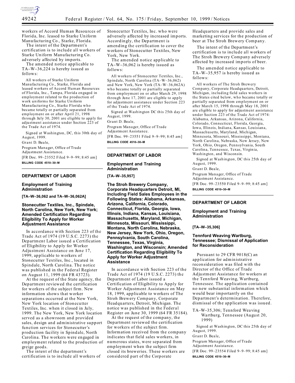 Federal Register/Vol. 64, No. 175/Friday, September 10, 1999