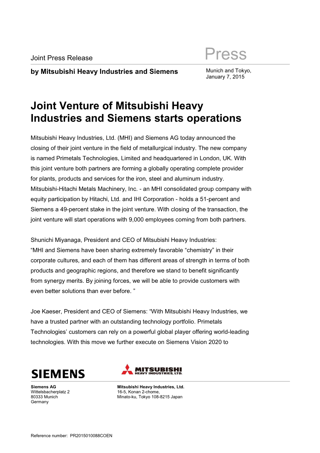 Joint Venture of Mitsubishi Heavy Industries and Siemens Starts Operations