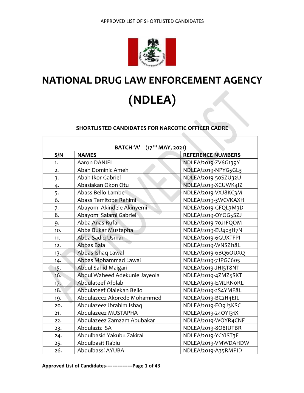 Pdf Ndlea List of Successful Candidates Narcortic Officers Approved