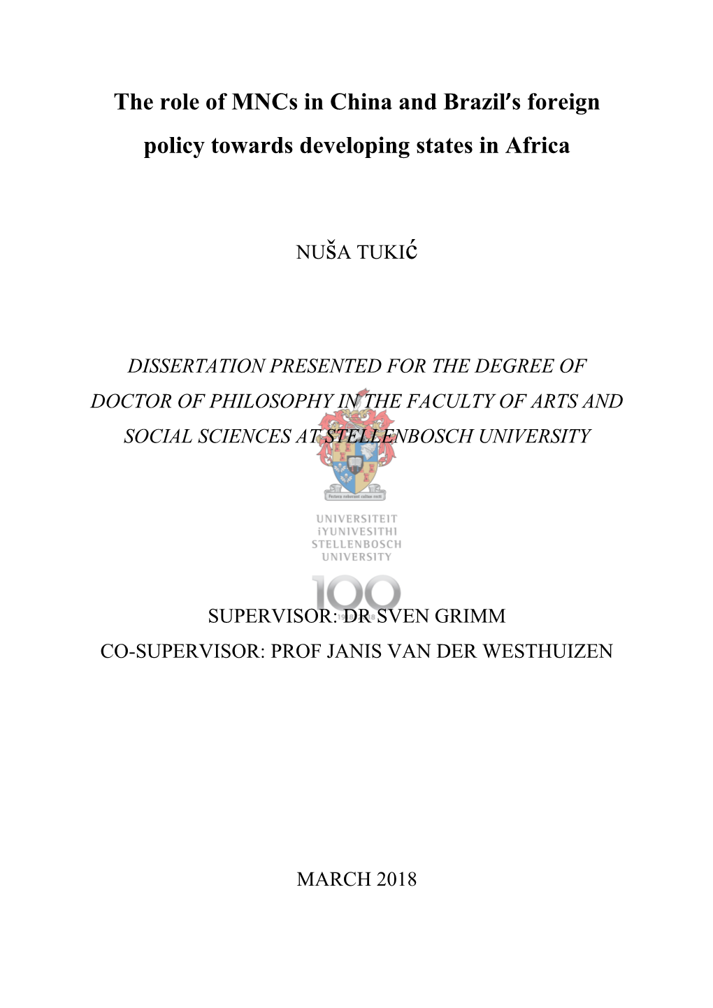 The Role of Mncs in China and Brazil's Foreign Policy Towards Developing States in Africa