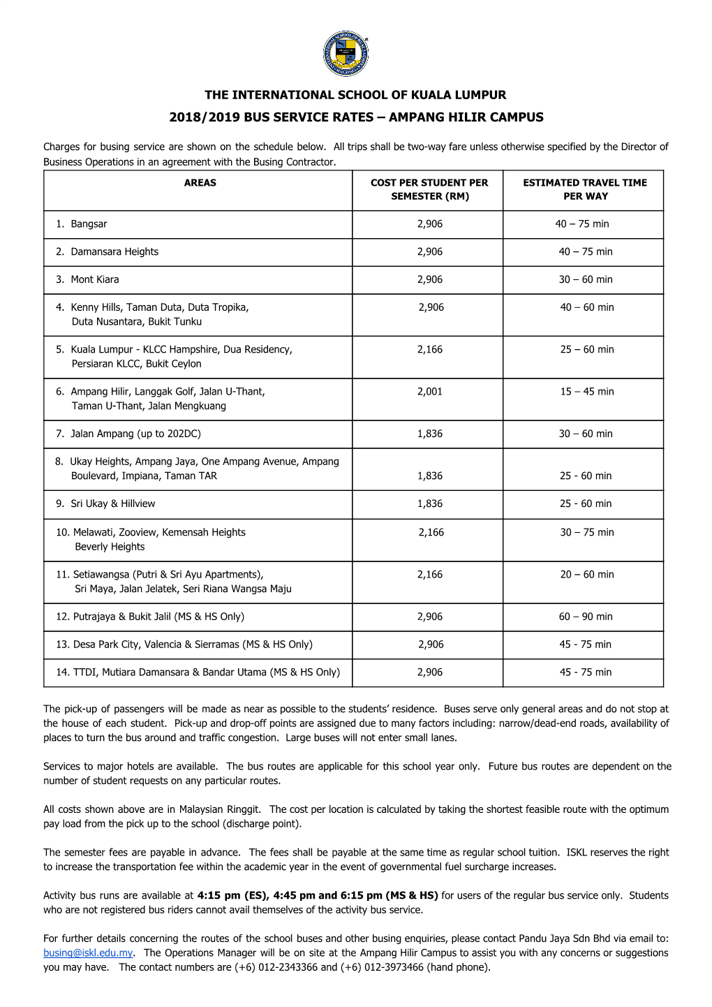 The International School of Kuala Lumpur 2018/2019 Bus Service Rates – Ampang Hilir Campus