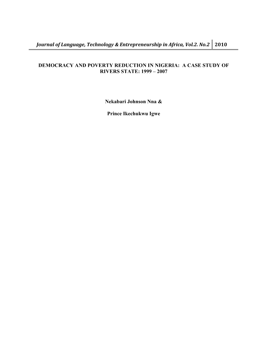 Democracy and Poverty Reduction in Nigeria: a Case Study of Rivers State: 1999 – 2007