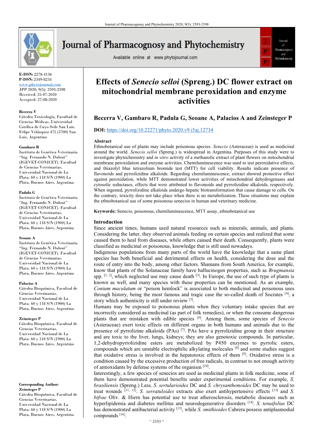 Effects of Senecio Selloi (Spreng.) DC Flower Extract on Mitochondrial Membrane Peroxidation and Enzyme Activities