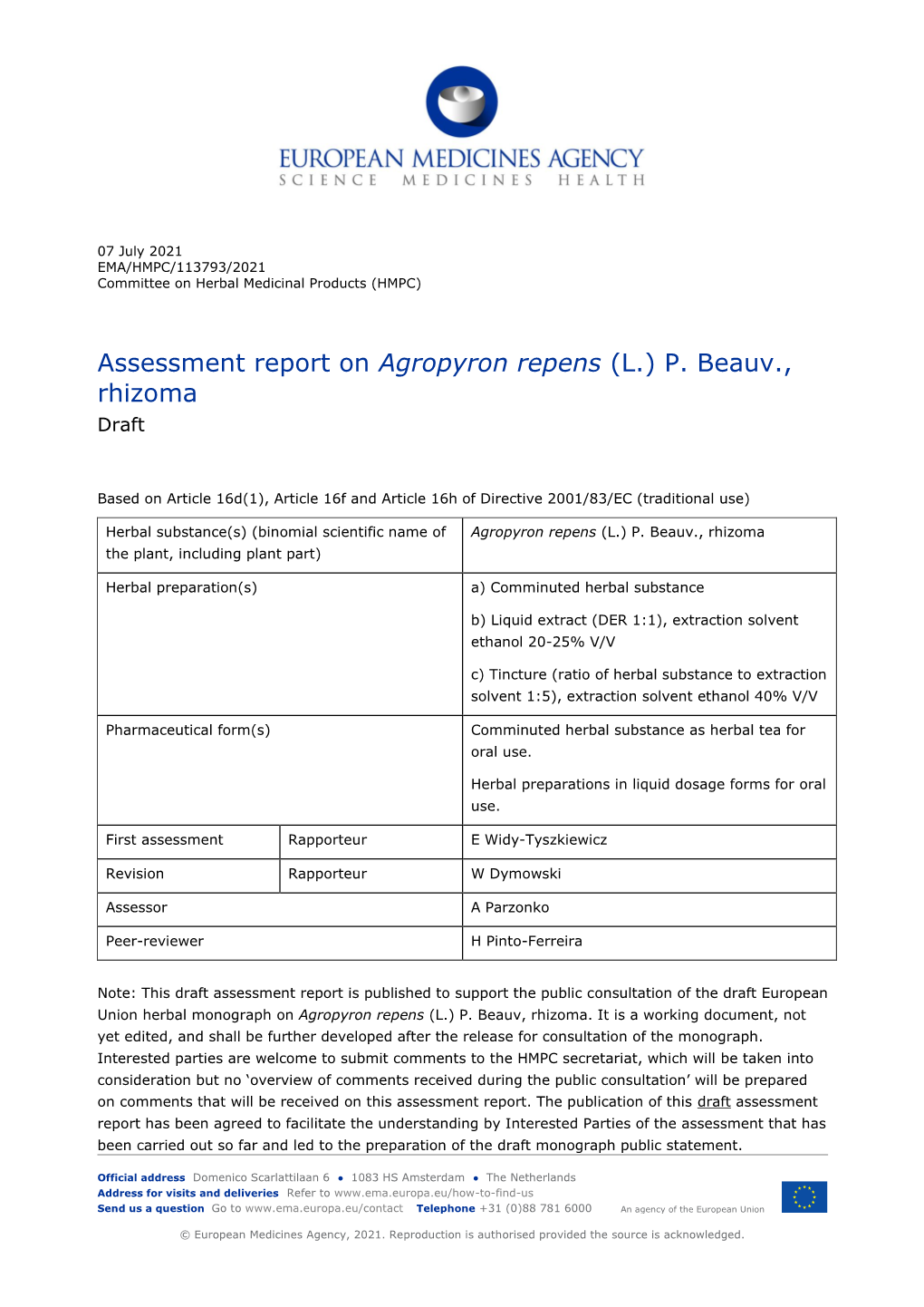 Draft Assessment Report on Agropyron Repens (L.) P. Beauv., Rhizoma