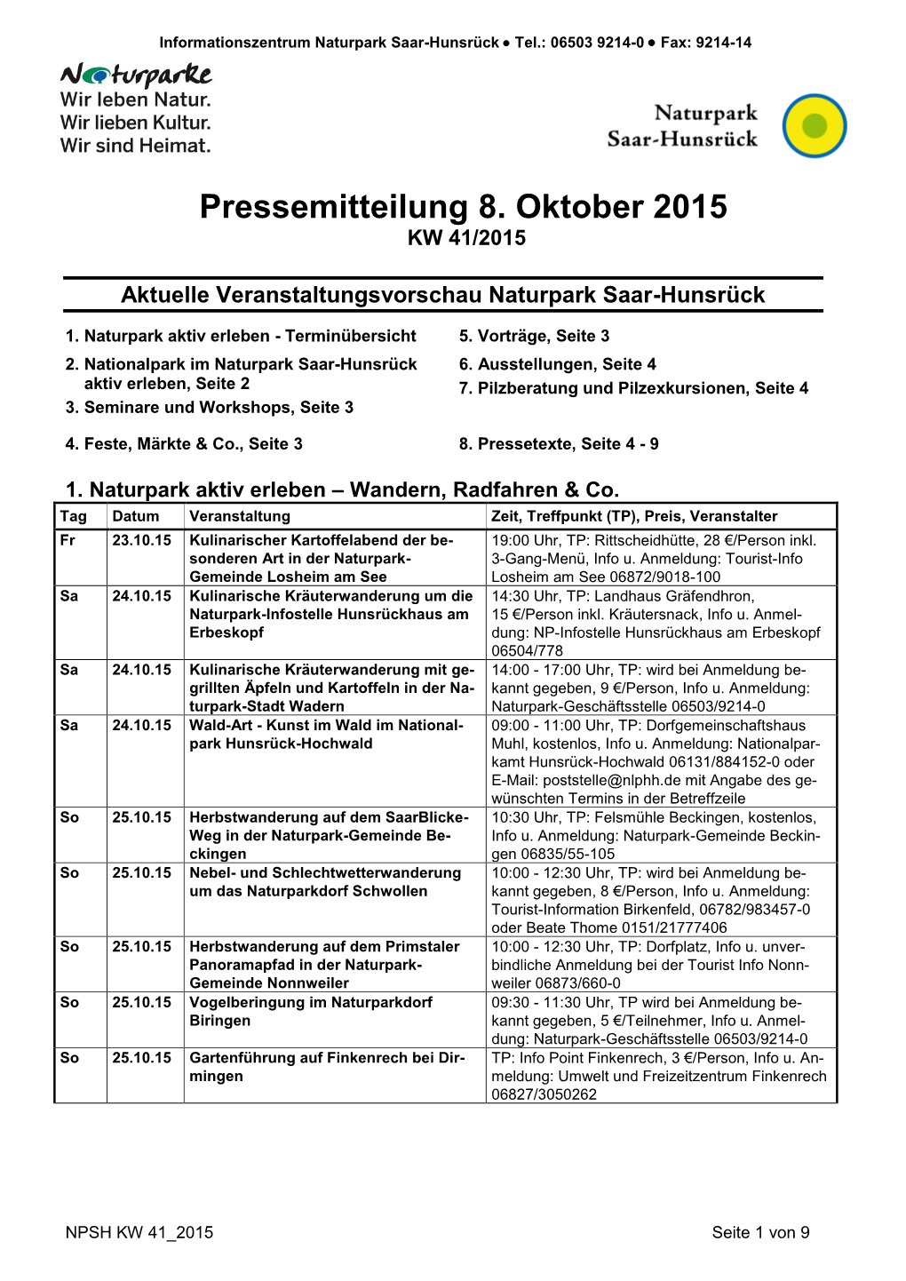 Pressemitteilung 8. Oktober 2015 KW 41/2015