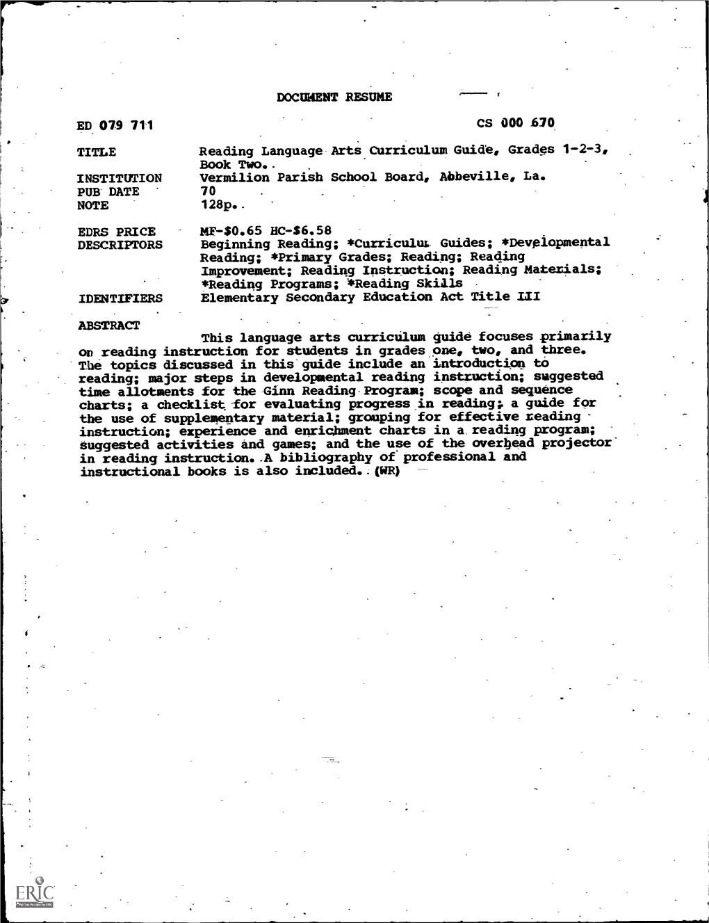 DOCUMENT RESUME ED 079 711 TITLE Reading Language Arts