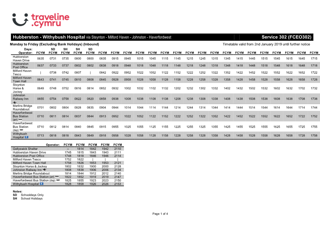 Traveline Cymru A4 Landscape Timetable