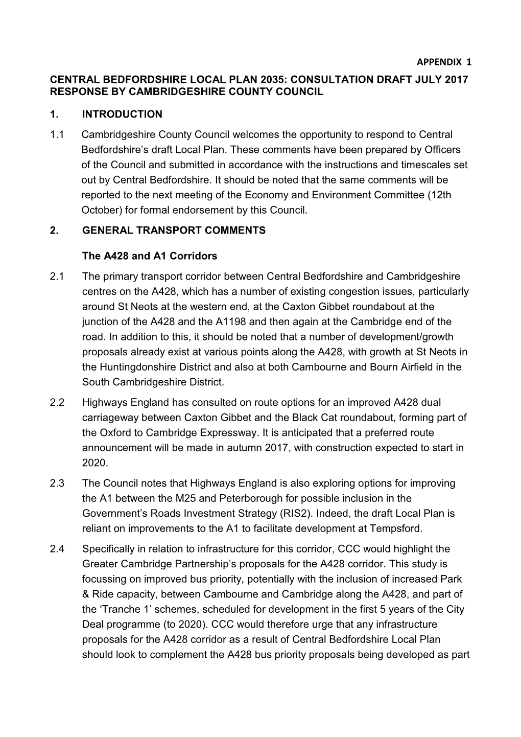 Appendix 1 Central Bedfordshire Local Plan 2035: Consultation Draft July 2017 Response by Cambridgeshire County Council