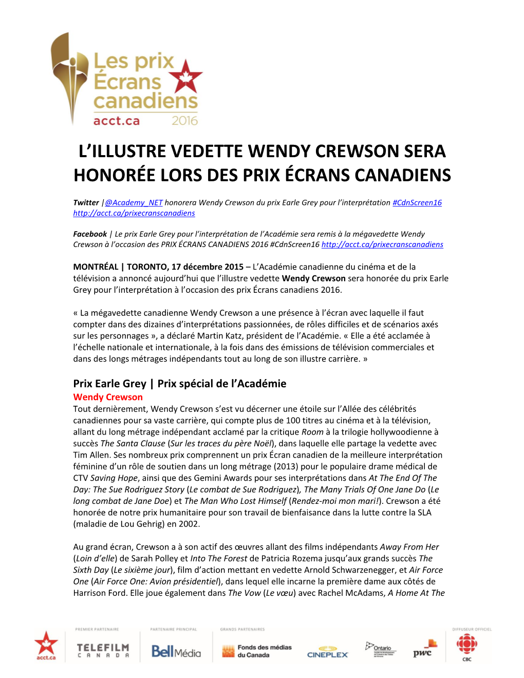 Wendy Crewson Sera Honorée Lors Des Prix Écrans Canadiens