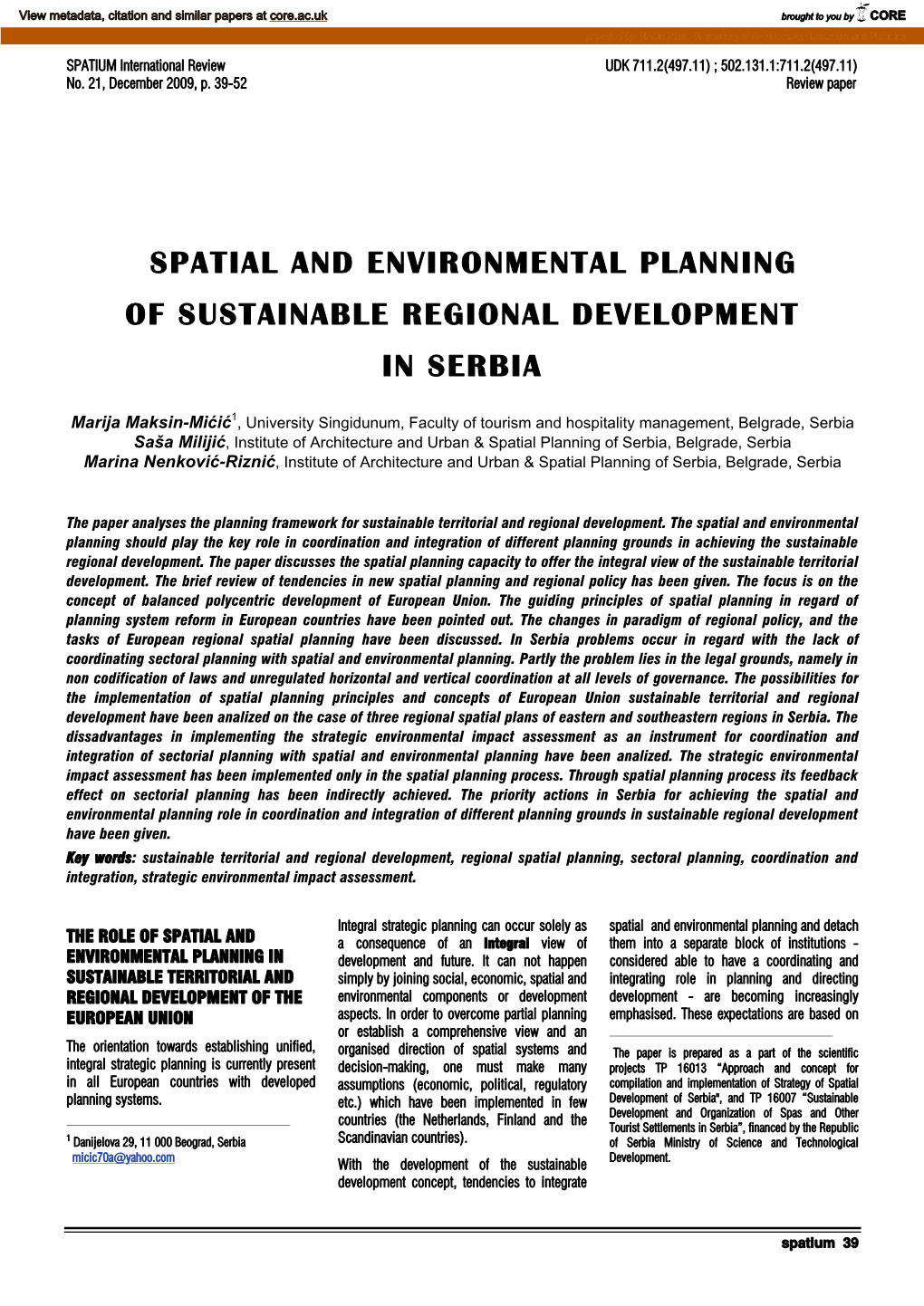 Spatial and Environmental Planning of Sustainable Regional Development in Serbia