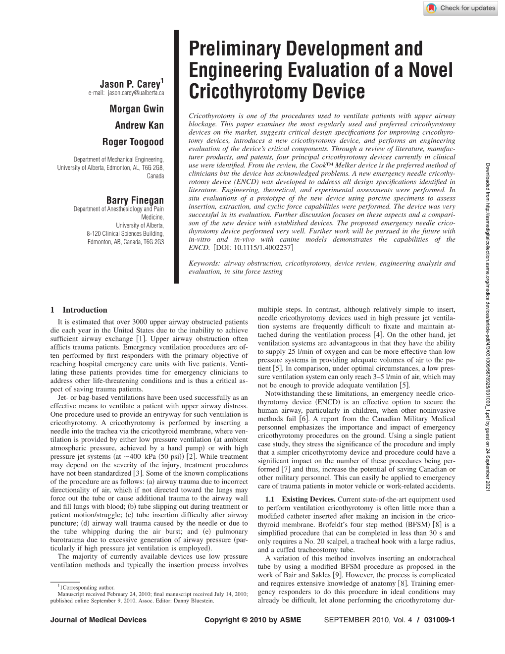 Preliminary Development and Engineering Evaluation of a Novel Jason P