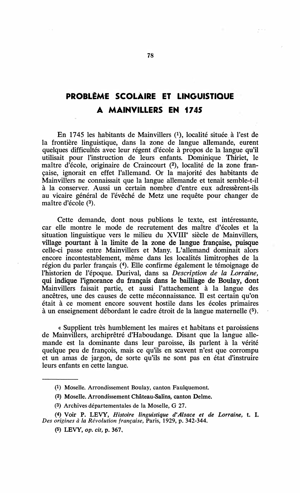 Problem'e Scolaire Et Linguistique a Mainvillers En 1745