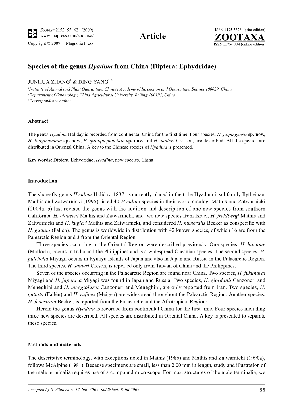 Zootaxa, Species of the Genus Hyadina from China (Diptera