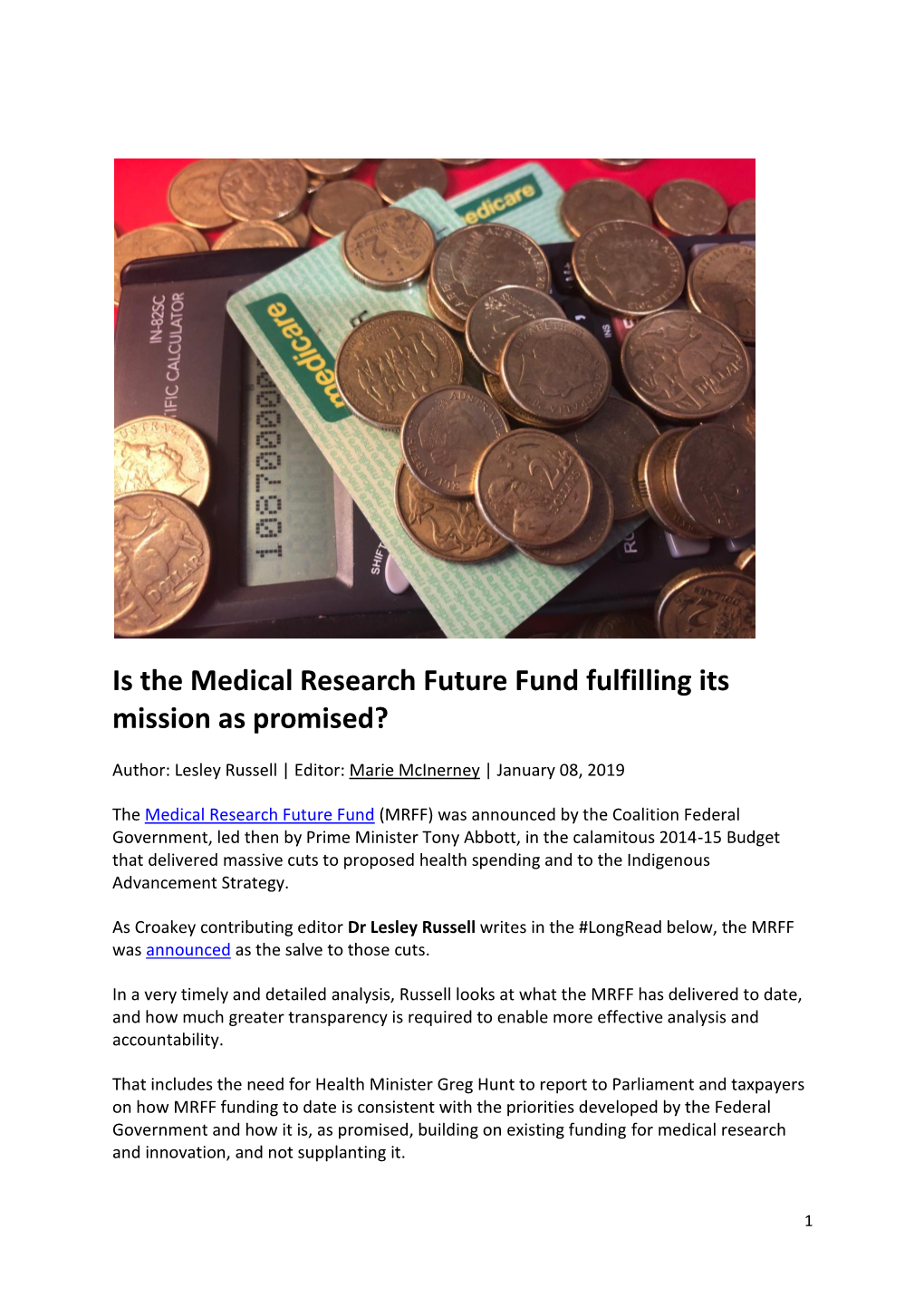 Is the Medical Research Future Fund Fulfilling Its Mission As Promised?