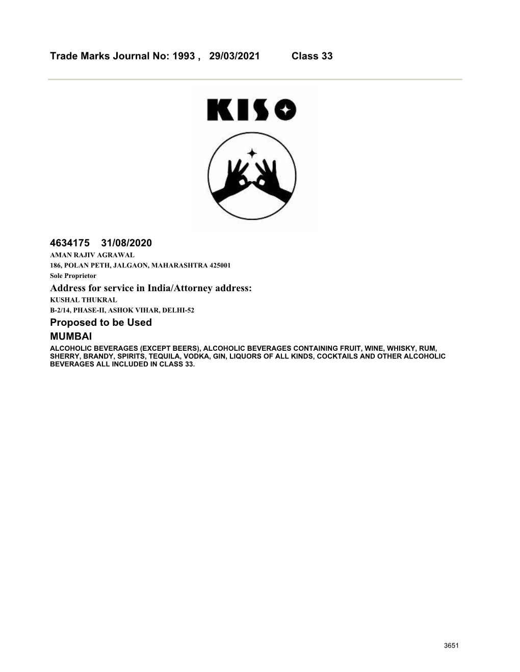 Trade Marks Journal No: 1993 , 29/03/2021 Class 33