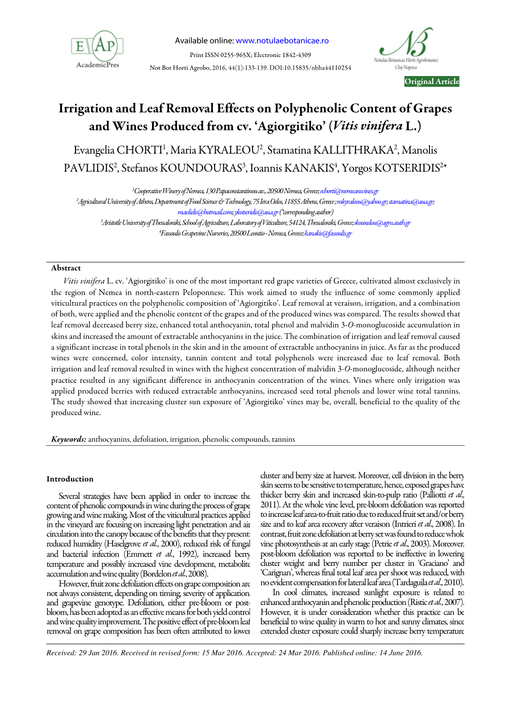 Irrigation and Leaf Removal Effects on Polyphenolic Content of Grapes and Wines Produced from Cv