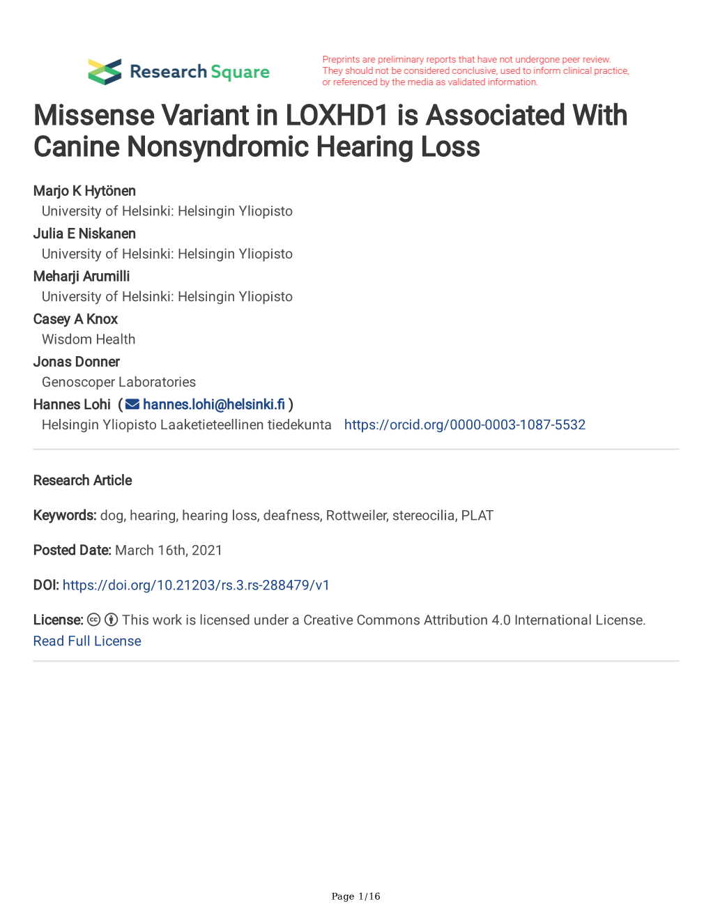 Missense Variant in LOXHD1 Is Associated with Canine Nonsyndromic Hearing Loss