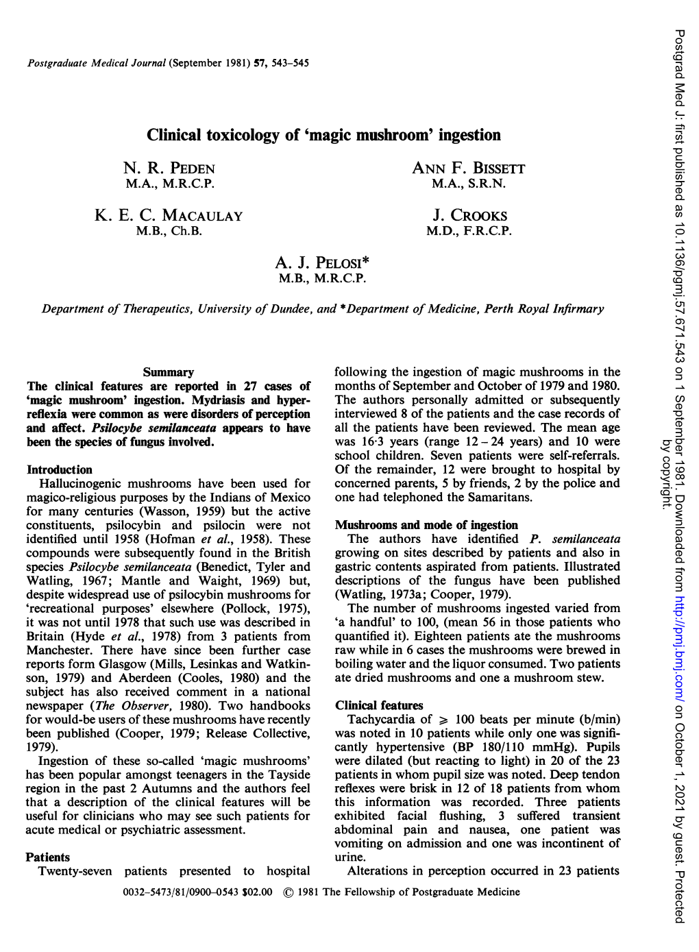 Clinical Toxicology of 'Magic Mushroom' Ingestion N