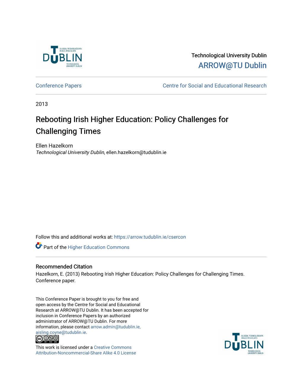Rebooting Irish Higher Education: Policy Challenges for Challenging Times