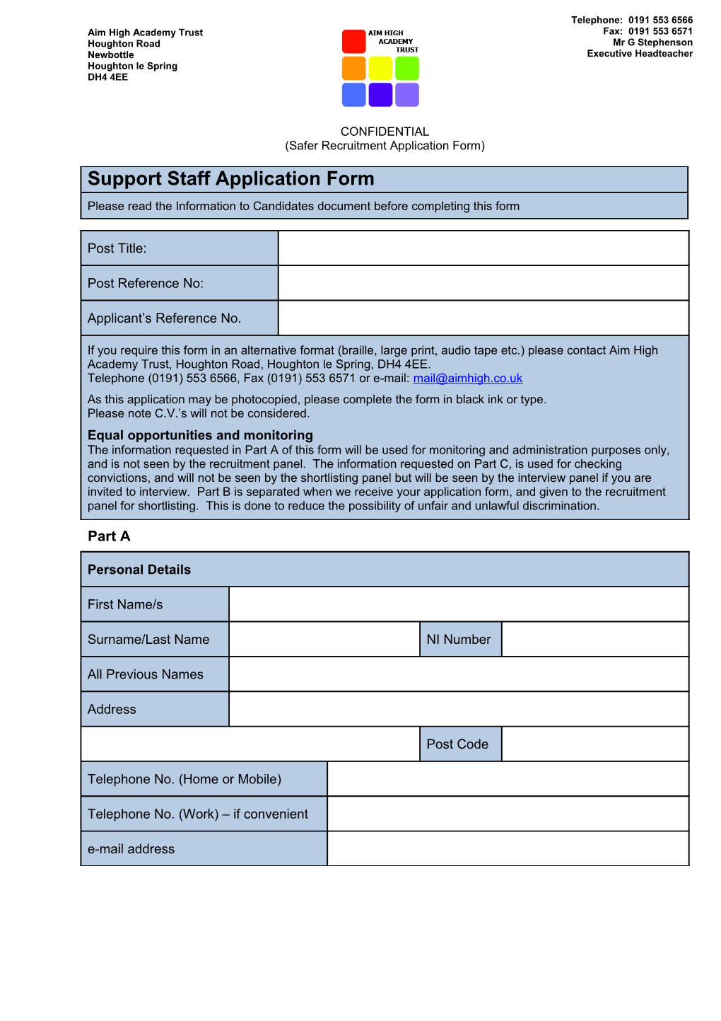 Application for a Support Staff Post in Schools