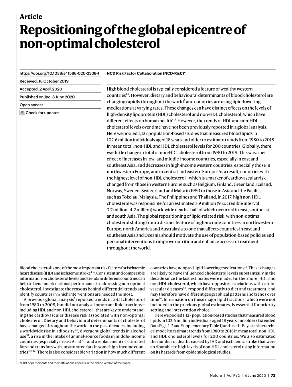 Repositioning of the Global Epicentre of Non-Optimal Cholesterol